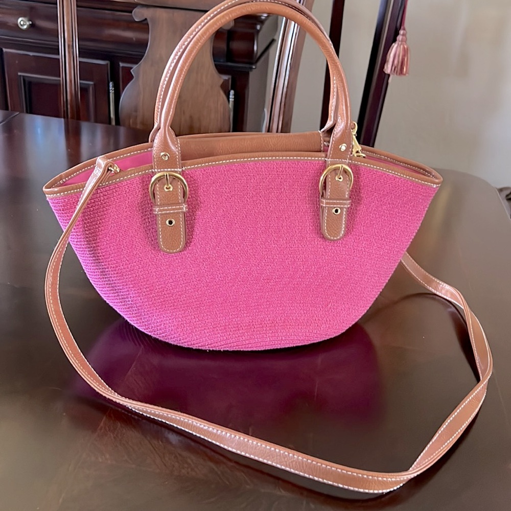 Pink Woven Straw Crossbody Bag Brown Trim Cotton Paper Tote - Picture 3 of 17